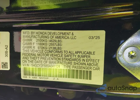 2025 Honda Accord Hybrid Sport из США, поврежденный, VIN 1HGCY2F58SA041124